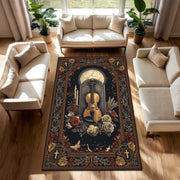 Vintage Gothic Violin Area Rug, Dark Academia Floral Roses & Crosses Carpet, Music Lover Home Decor, Victorian Baroque Floor Mat Indoor