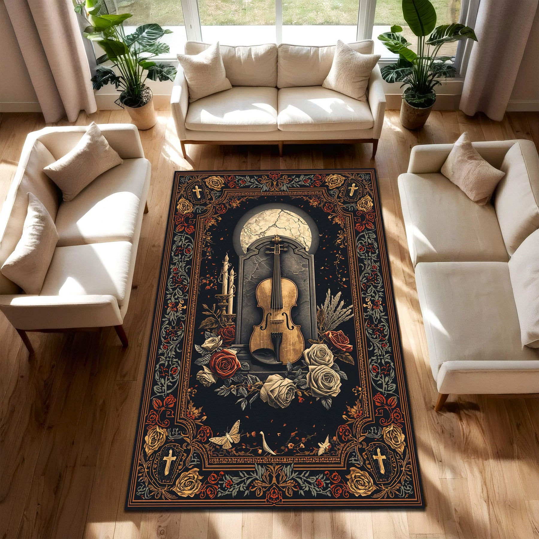 Vintage Gothic Violin Area Rug, Dark Academia Floral Roses & Crosses Carpet, Music Lover Home Decor, Victorian Baroque Floor Mat Indoor