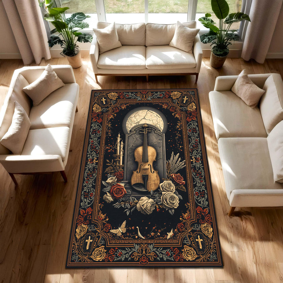 Vintage Gothic Violin Area Rug, Dark Academia Floral Roses & Crosses Carpet, Music Lover Home Decor, Victorian Baroque Floor Mat Indoor