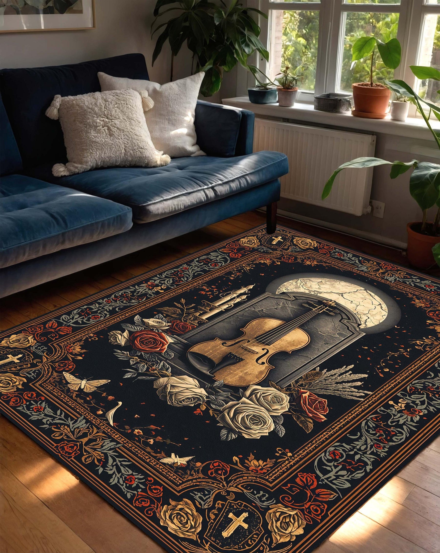Vintage Gothic Violin Area Rug, Dark Academia Floral Roses & Crosses Carpet, Music Lover Home Decor, Victorian Baroque Floor Mat Indoor
