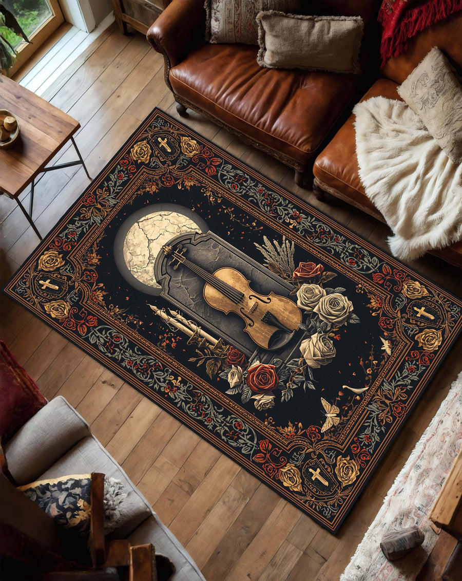 Vintage Gothic Violin Area Rug, Dark Academia Floral Roses & Crosses Carpet, Music Lover Home Decor, Victorian Baroque Floor Mat Indoor