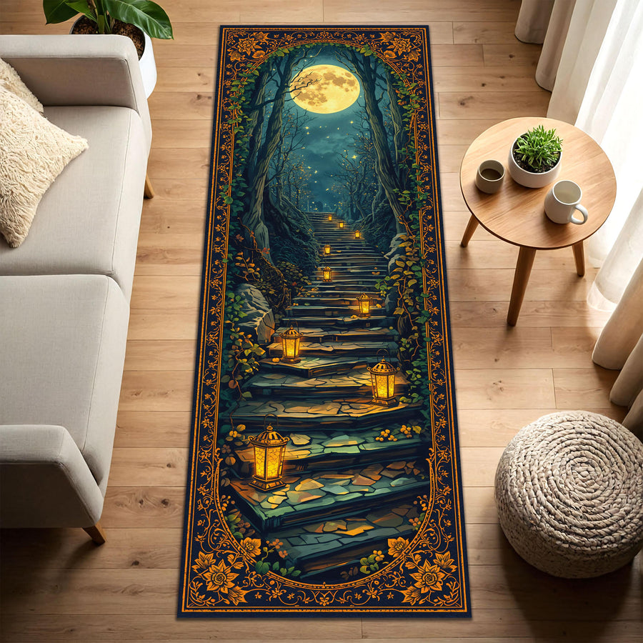Moonlit Forest Stairway Runner Rug with Lanterns – Celestial Gothic Hallway Carpet, Fantasy Boho Entryway Non Slip Washable Floor Decor