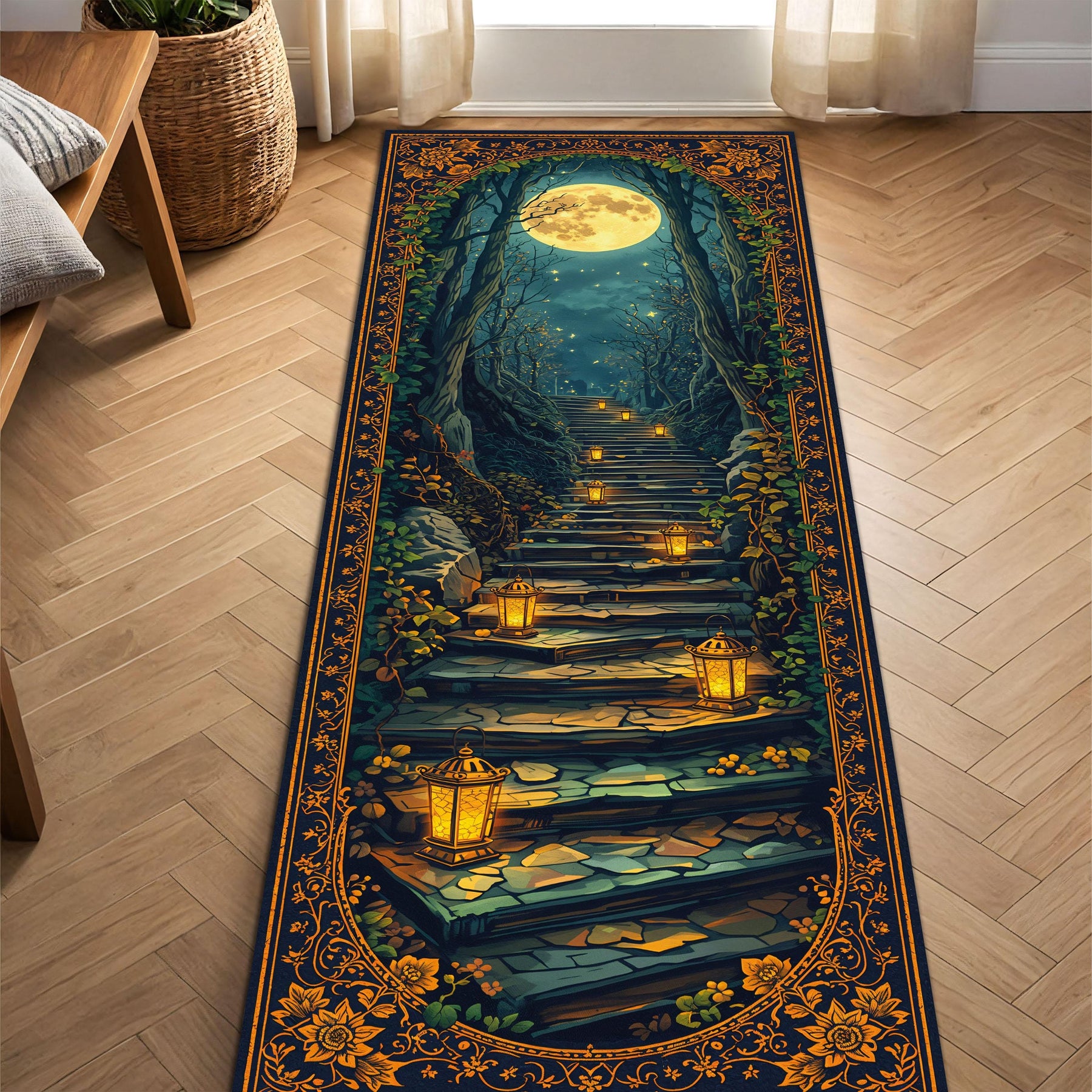 Moonlit Forest Stairway Runner Rug with Lanterns – Celestial Gothic Hallway Carpet, Fantasy Boho Entryway Non Slip Washable Floor Decor