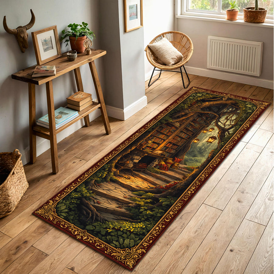Enchanted Forest Library Runner Rug, Vintage Book Nook Hallway Carpet, Cozy Reading Path Art, Non Slip Washable Floor Decor for Entryway