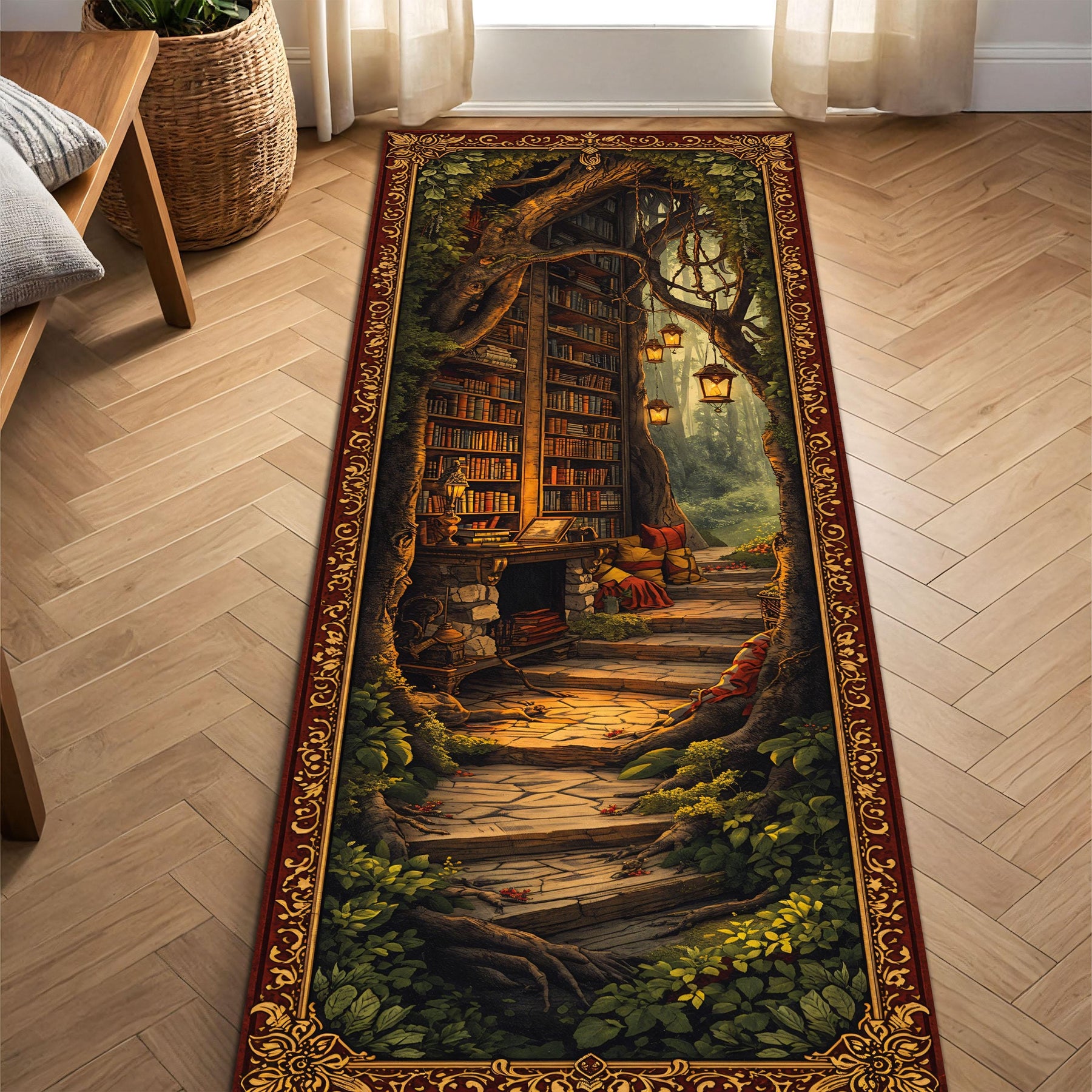 Enchanted Forest Library Runner Rug, Vintage Book Nook Hallway Carpet, Cozy Reading Path Art, Non Slip Washable Floor Decor for Entryway