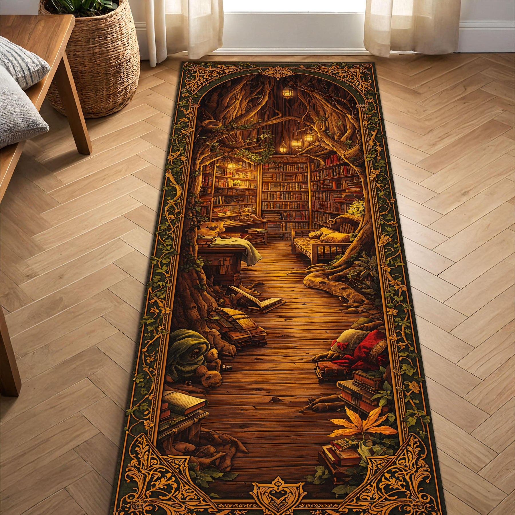 Enchanted Library Runner Rug for Hallway – Fantasy Tree Arch Book Nook Carpet, Cozy Cottagecore Bookish Decor, Vintage Boho Aesthetic