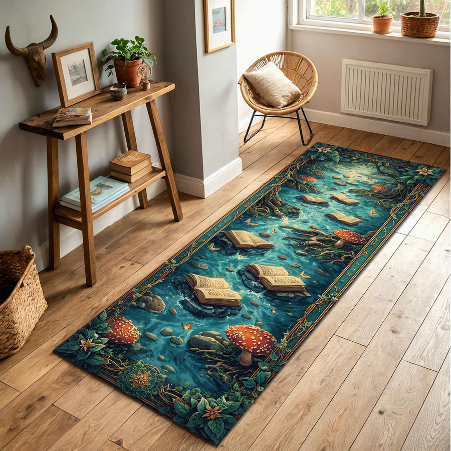 Enchanted Forest Runner Rug - Whimsical Cottagecore Book River Design, Teal Blue Hallway Carpet, Boho Mushroom Aesthetic Floor Decor