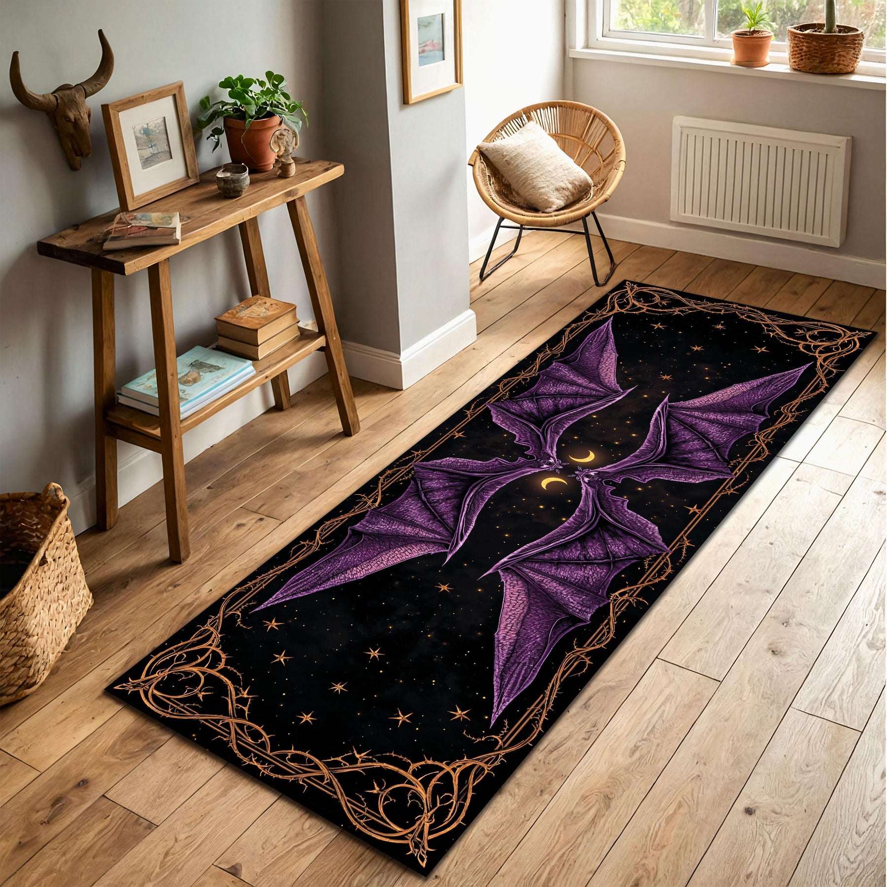 Halloween Gothic Runner Rug with Purple Dragon Bat Wings, Spooky Night Witchy Hallway Carpet, Haunted House Dark Fantasy Decor