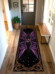 Halloween Gothic Runner Rug with Purple Dragon Bat Wings, Spooky Night Witchy Hallway Carpet, Haunted House Dark Fantasy Decor