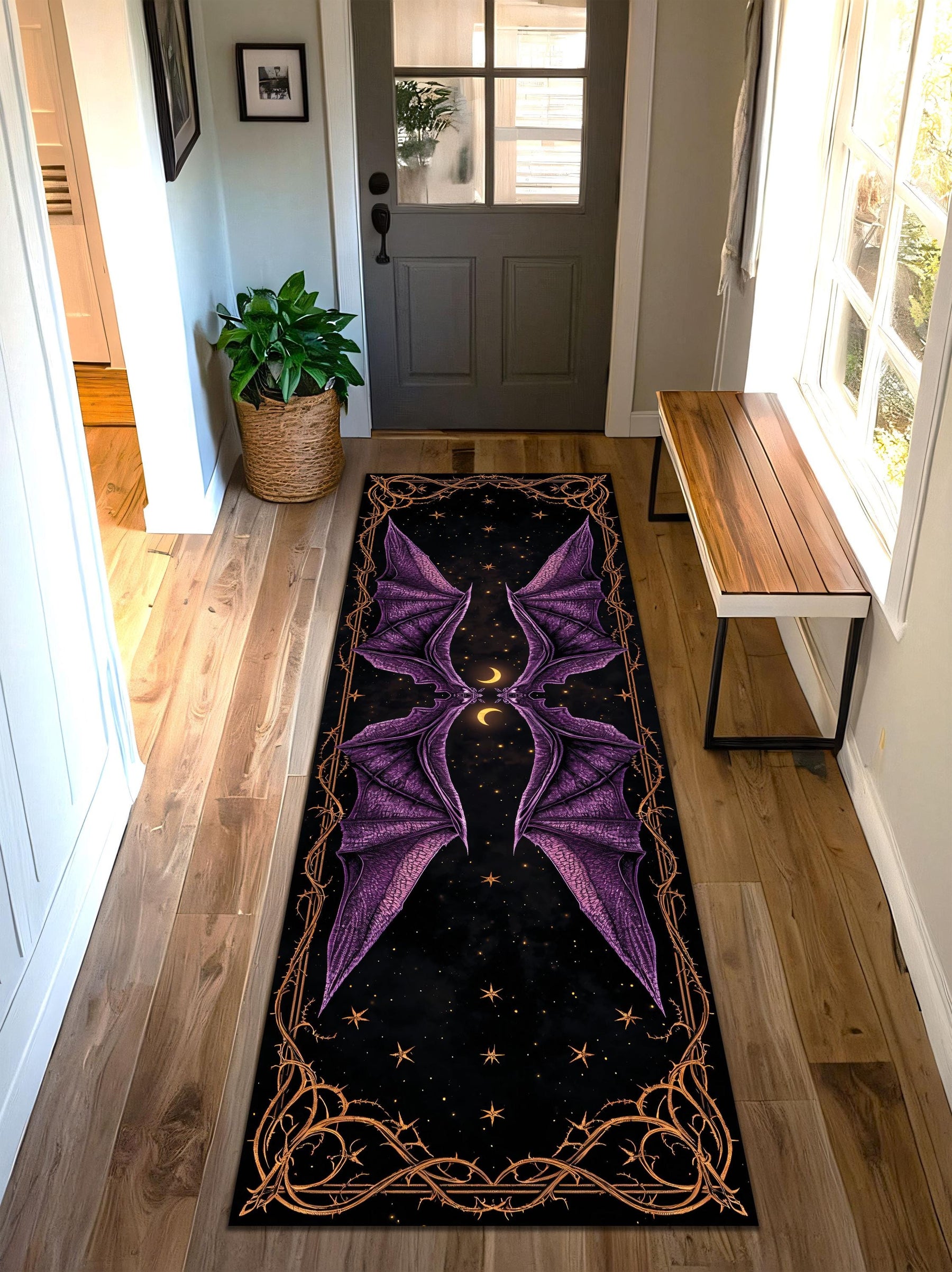 Halloween Gothic Runner Rug with Purple Dragon Bat Wings, Spooky Night Witchy Hallway Carpet, Haunted House Dark Fantasy Decor