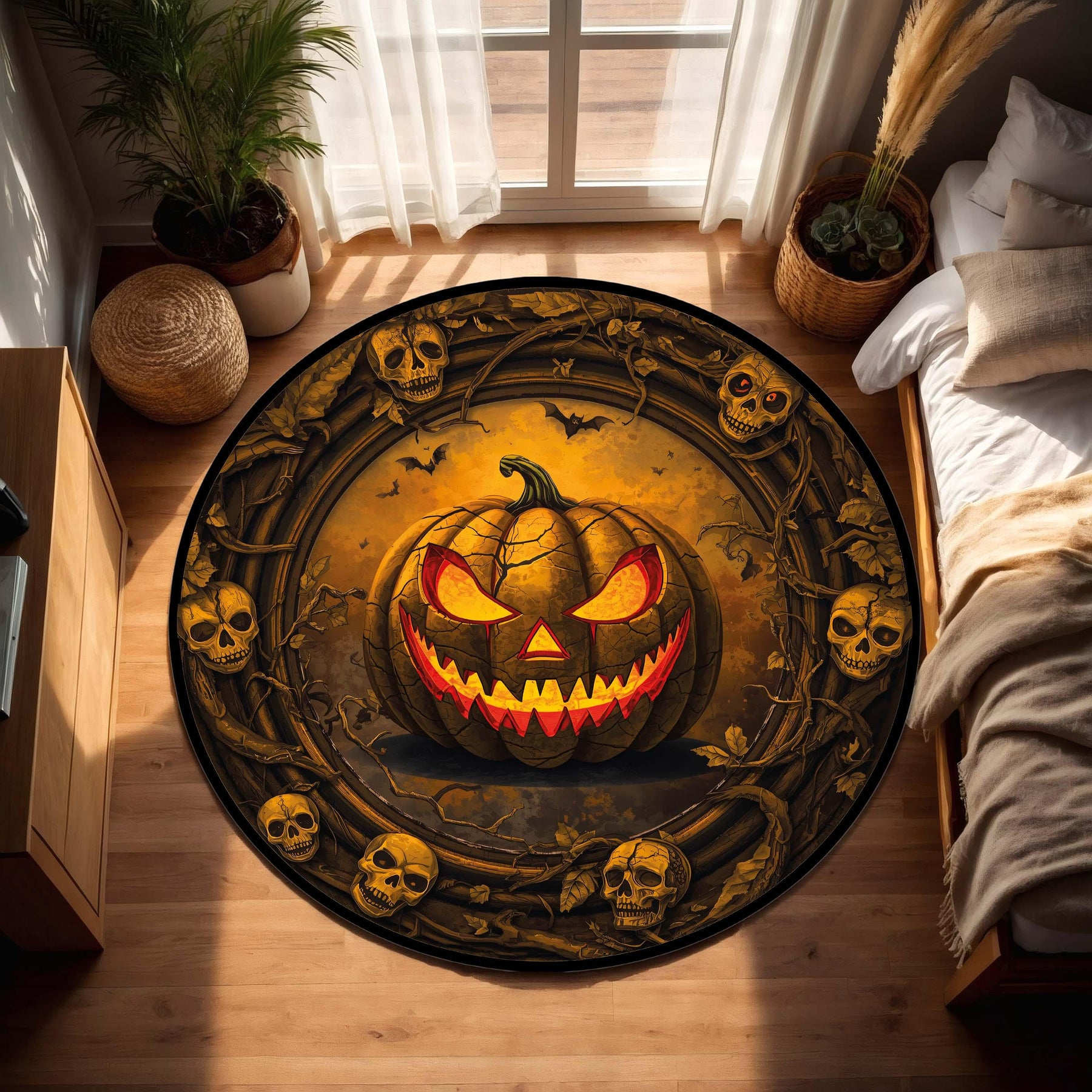 Halloween Round Rug with Jack O Lantern and Skulls - Spooky Pumpkin Circle Carpet, Gothic Horror Area Mat for Living Room, Bedroom Decor