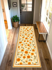Sunflower Daisy Floral Runner Rug, Orange Yellow Vintage Botanical Hallway Runner, Cottage Farmhouse Kitchen Entryway Carpet, Boho Decor