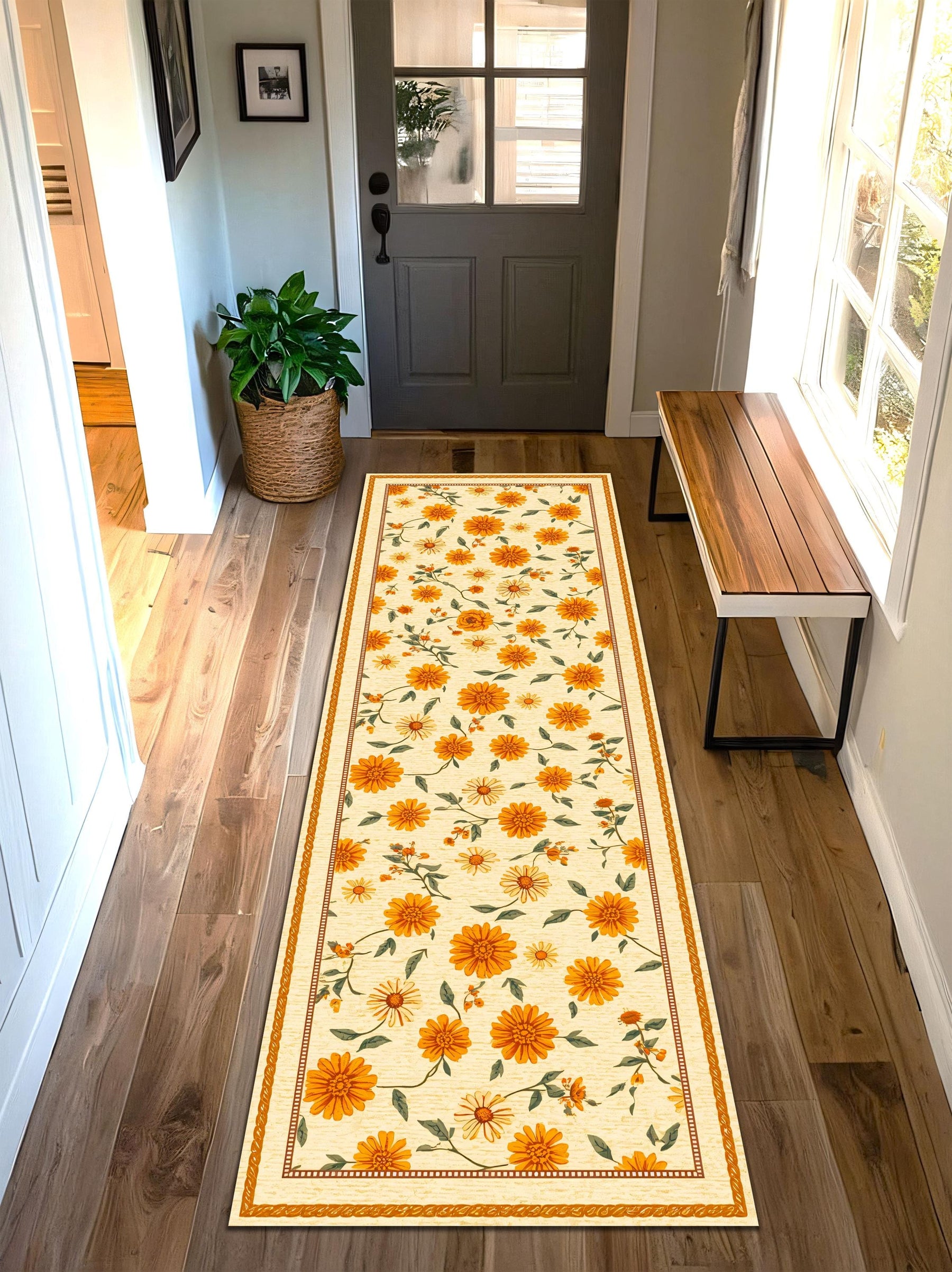 Sunflower Daisy Floral Runner Rug, Orange Yellow Vintage Botanical Hallway Runner, Cottage Farmhouse Kitchen Entryway Carpet, Boho Decor