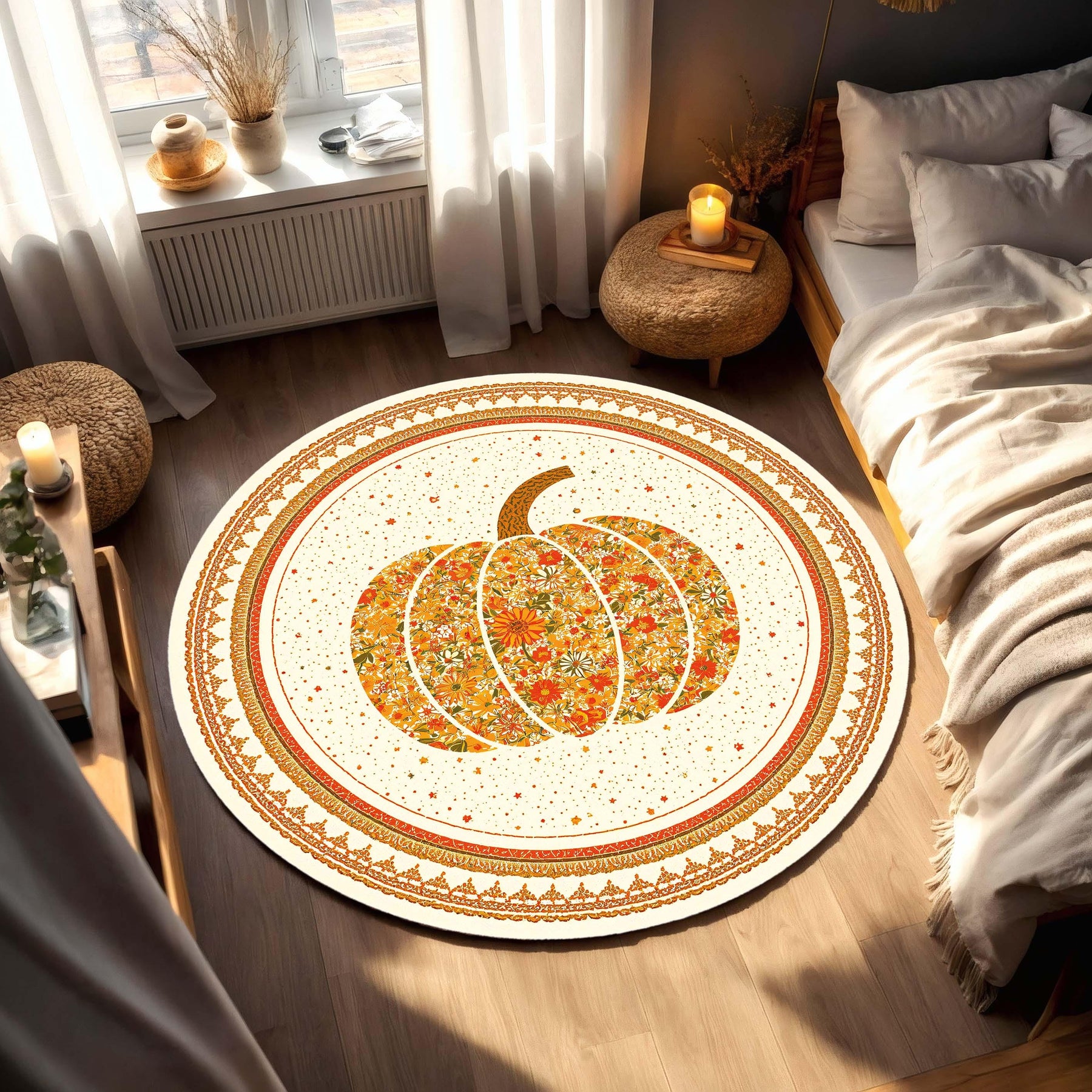 Round Pumpkin Floral Rug, Boho Fall Area Carpet, Vintage Daisy Harvest Mat, Farmhouse Autumn Decor for Living Room Bedroom and Nursery