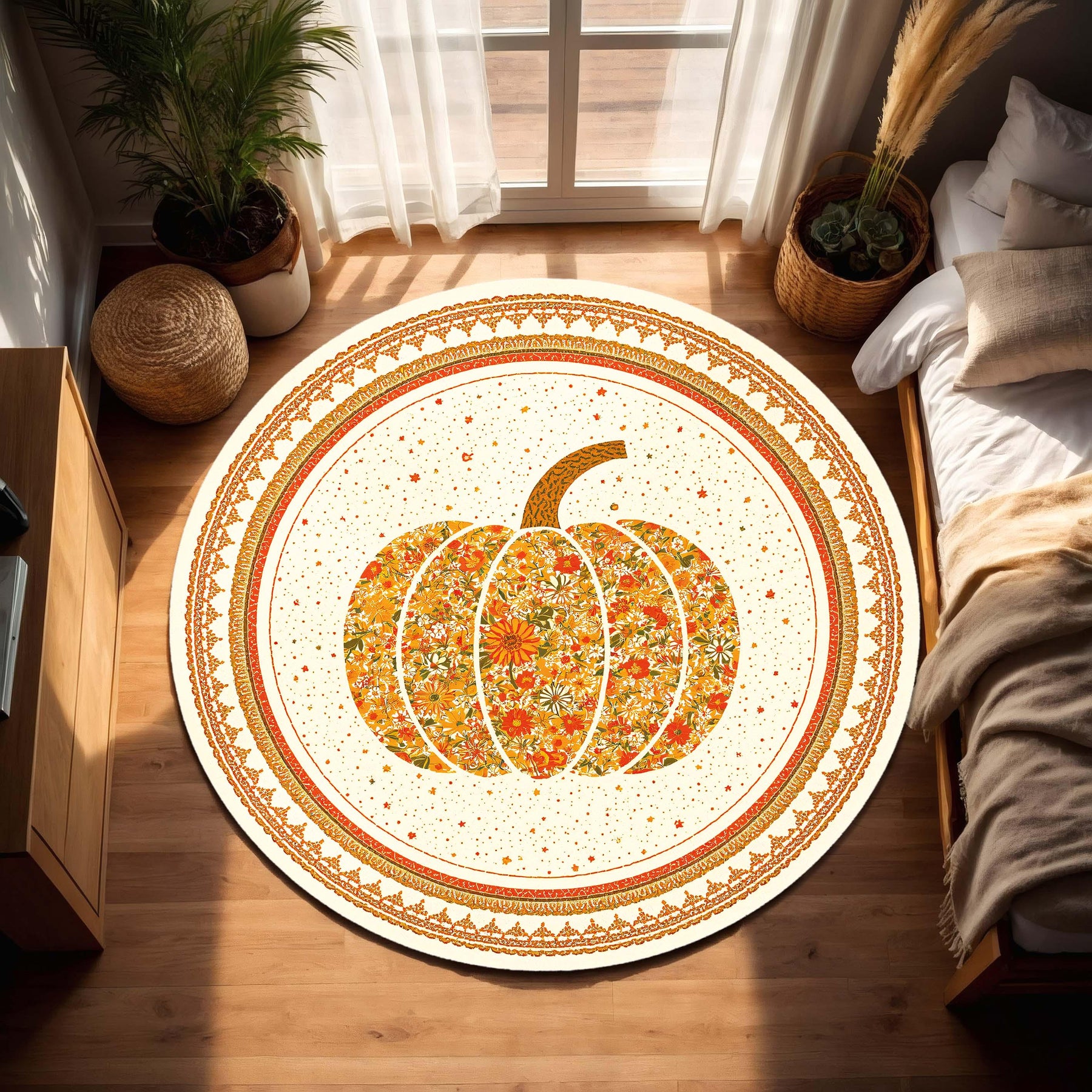 Round Pumpkin Floral Rug, Boho Fall Area Carpet, Vintage Daisy Harvest Mat, Farmhouse Autumn Decor for Living Room Bedroom and Nursery