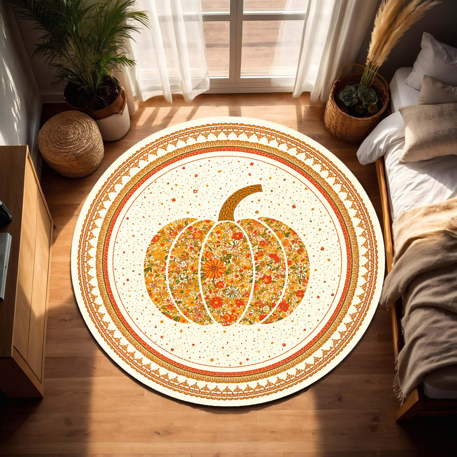 Round Pumpkin Floral Rug, Boho Fall Area Carpet, Vintage Daisy Harvest Mat, Farmhouse Autumn Decor for Living Room Bedroom and Nursery