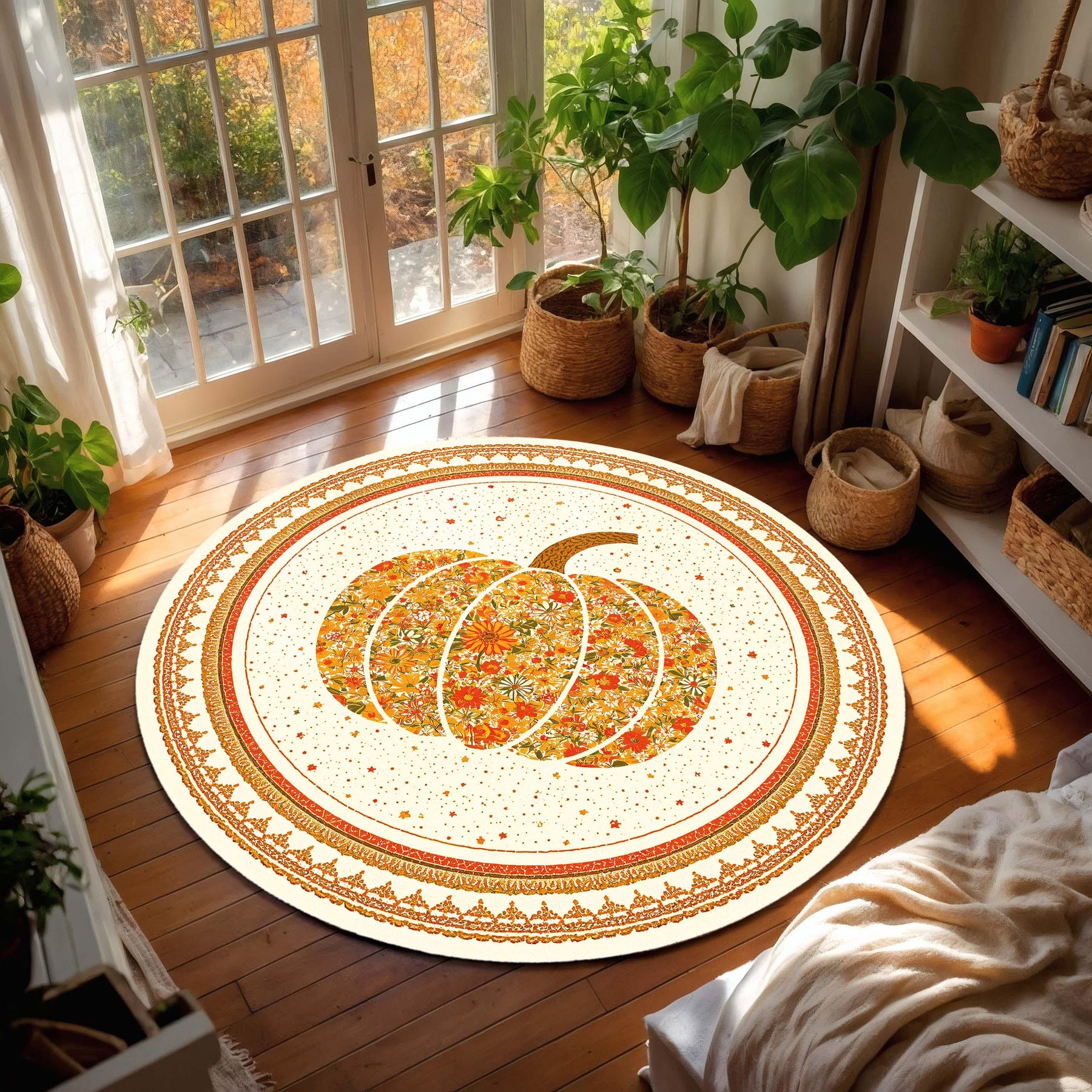 Round Pumpkin Floral Rug, Boho Fall Area Carpet, Vintage Daisy Harvest Mat, Farmhouse Autumn Decor for Living Room Bedroom and Nursery