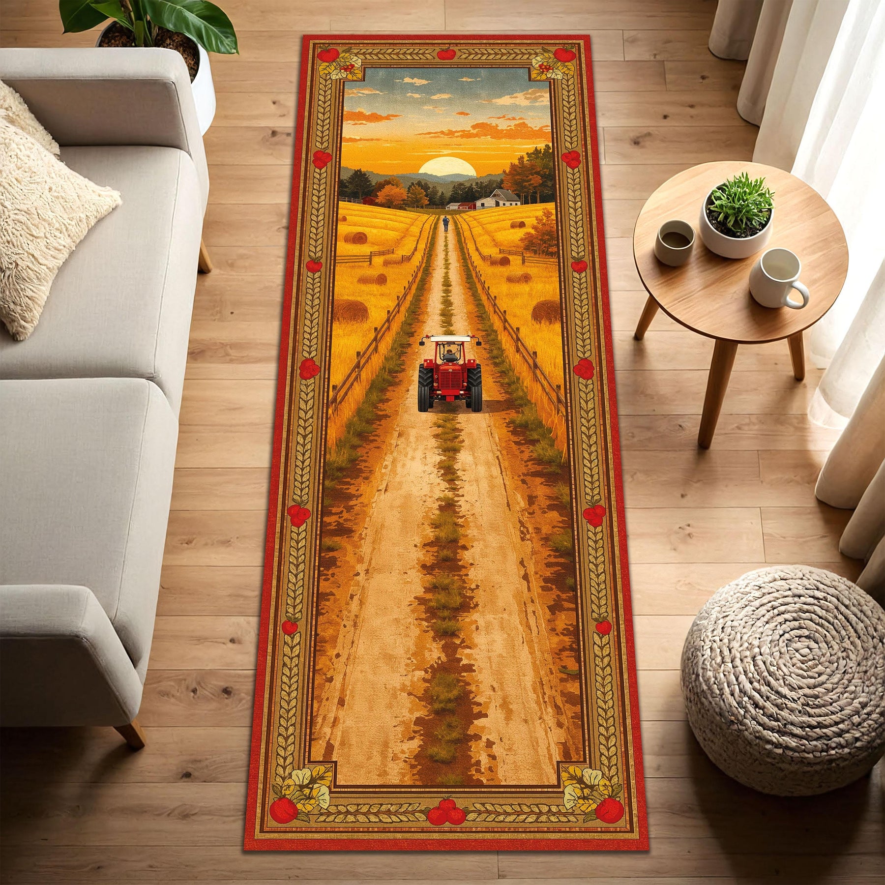 Farmhouse Tractor Runner Rug for Hallway, Country Sunset Wheat Field Carpet, Cottagecore Rustic Kitchen Floor Decor Carpet