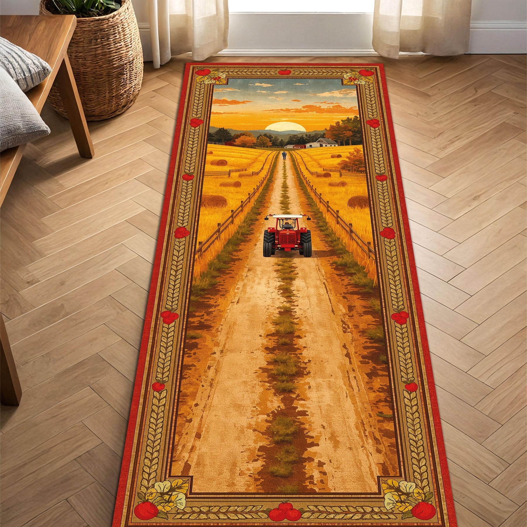 Farmhouse Tractor Runner Rug for Hallway, Country Sunset Wheat Field Carpet, Cottagecore Rustic Kitchen Floor Decor Carpet