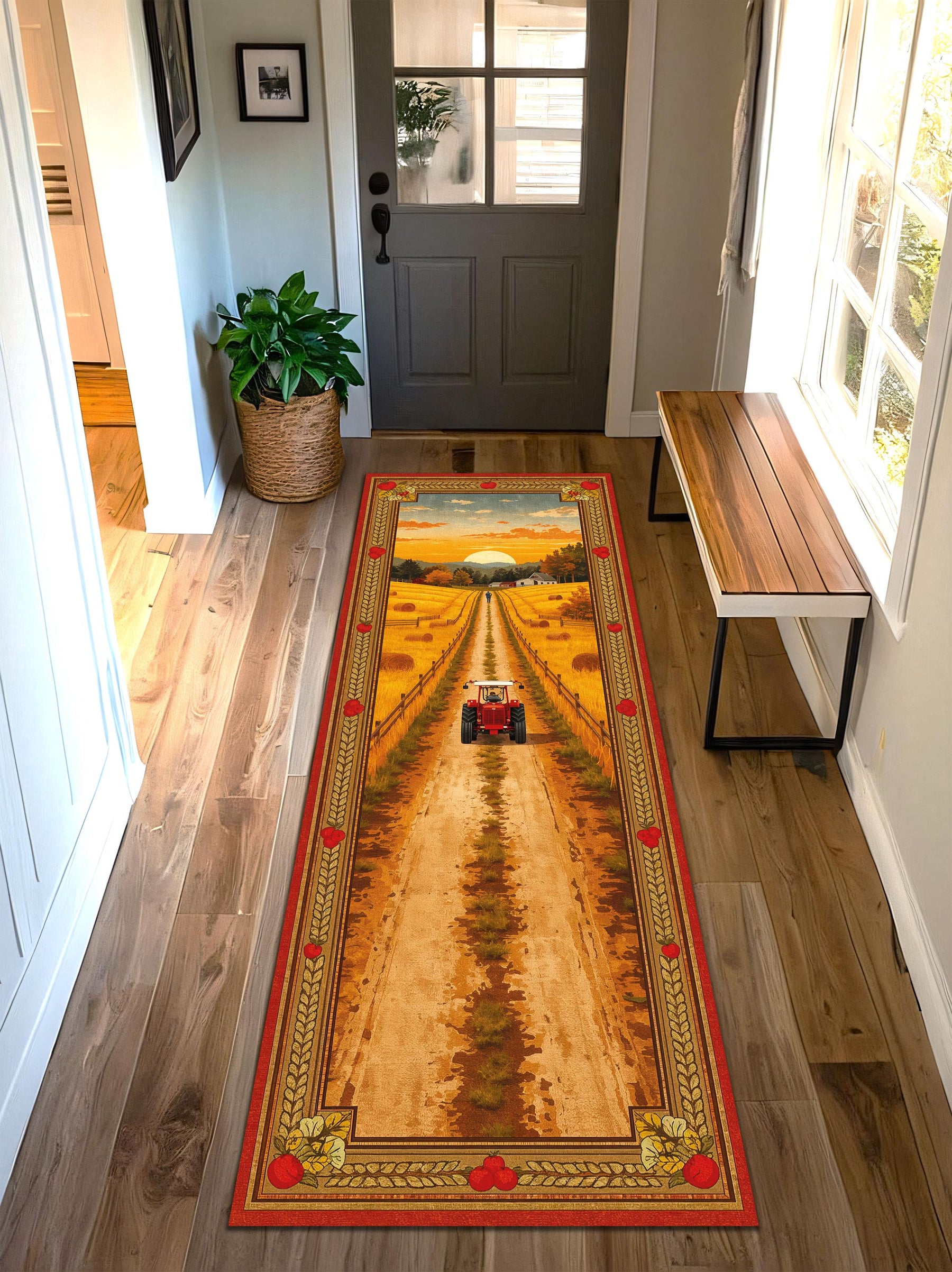 Farmhouse Tractor Runner Rug for Hallway, Country Sunset Wheat Field Carpet, Cottagecore Rustic Kitchen Floor Decor Carpet