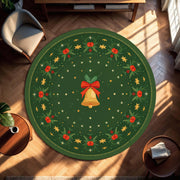 Round Christmas Rug Green Holiday Bell Wreath Design, Festive Circle Area Carpet for Living Room Bedroom, Xmas Decor Non Slip Floor Mat