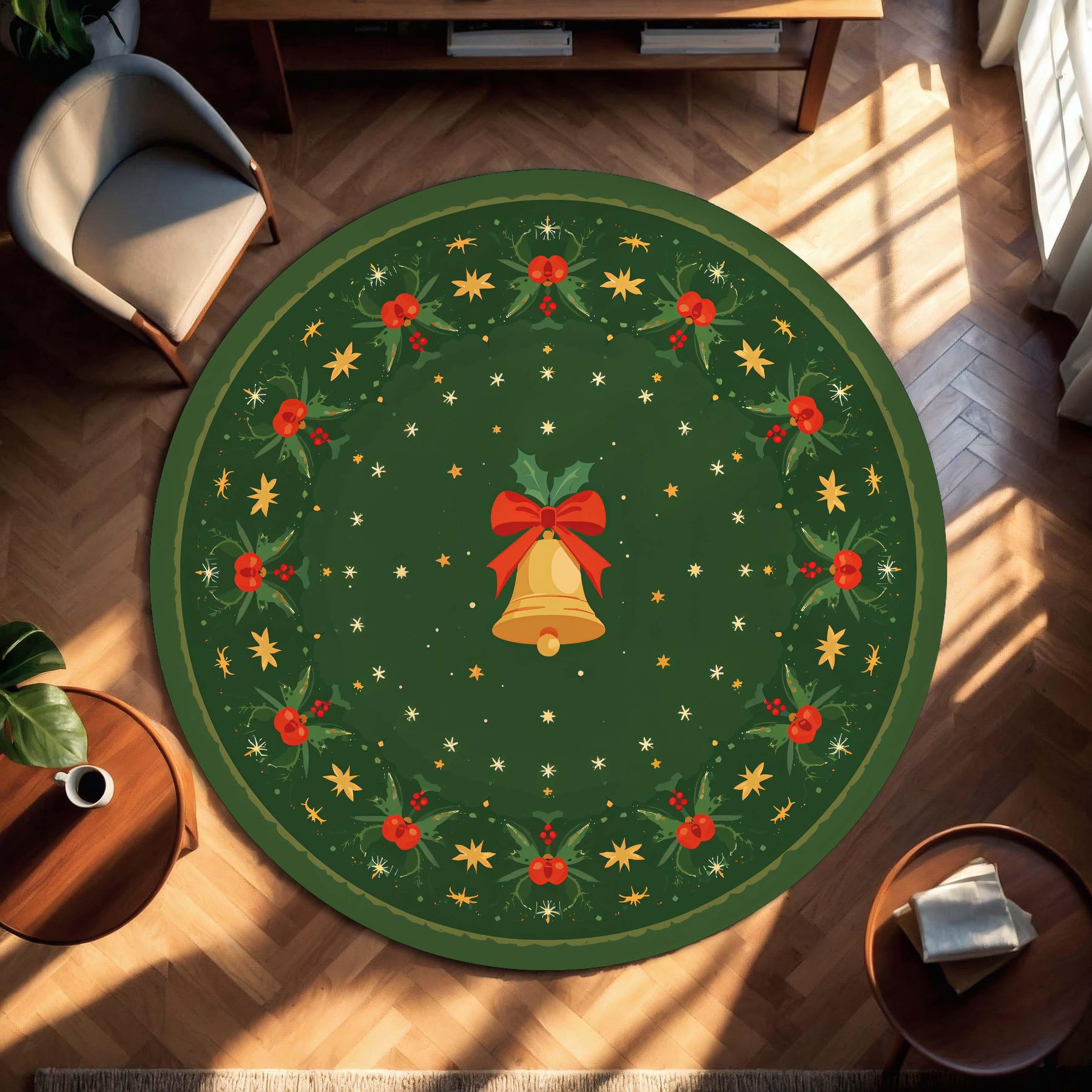 Round Christmas Rug Green Holiday Bell Wreath Design, Festive Circle Area Carpet for Living Room Bedroom, Xmas Decor Non Slip Floor Mat