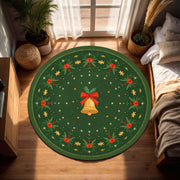 Round Christmas Rug Green Holiday Bell Wreath Design, Festive Circle Area Carpet for Living Room Bedroom, Xmas Decor Non Slip Floor Mat