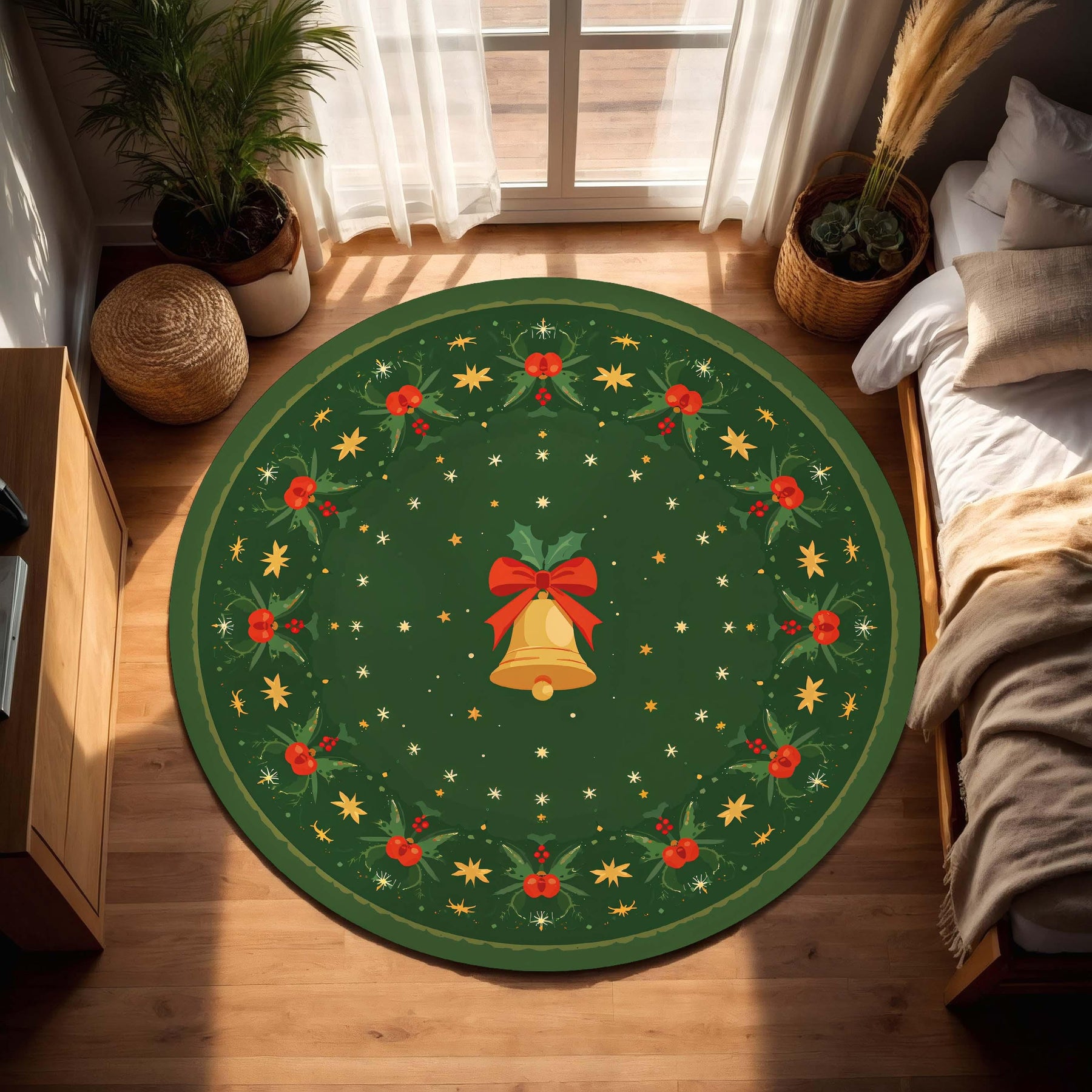 Round Christmas Rug Green Holiday Bell Wreath Design, Festive Circle Area Carpet for Living Room Bedroom, Xmas Decor Non Slip Floor Mat