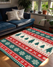 Christmas Area Rug with Nordic Trees & Snowflakes, Red Green Holiday Living Room Carpet, Cozy Winter Home Decor, Festive Seasonal Accent