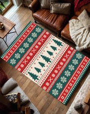 Christmas Area Rug with Nordic Trees & Snowflakes, Red Green Holiday Living Room Carpet, Cozy Winter Home Decor, Festive Seasonal Accent