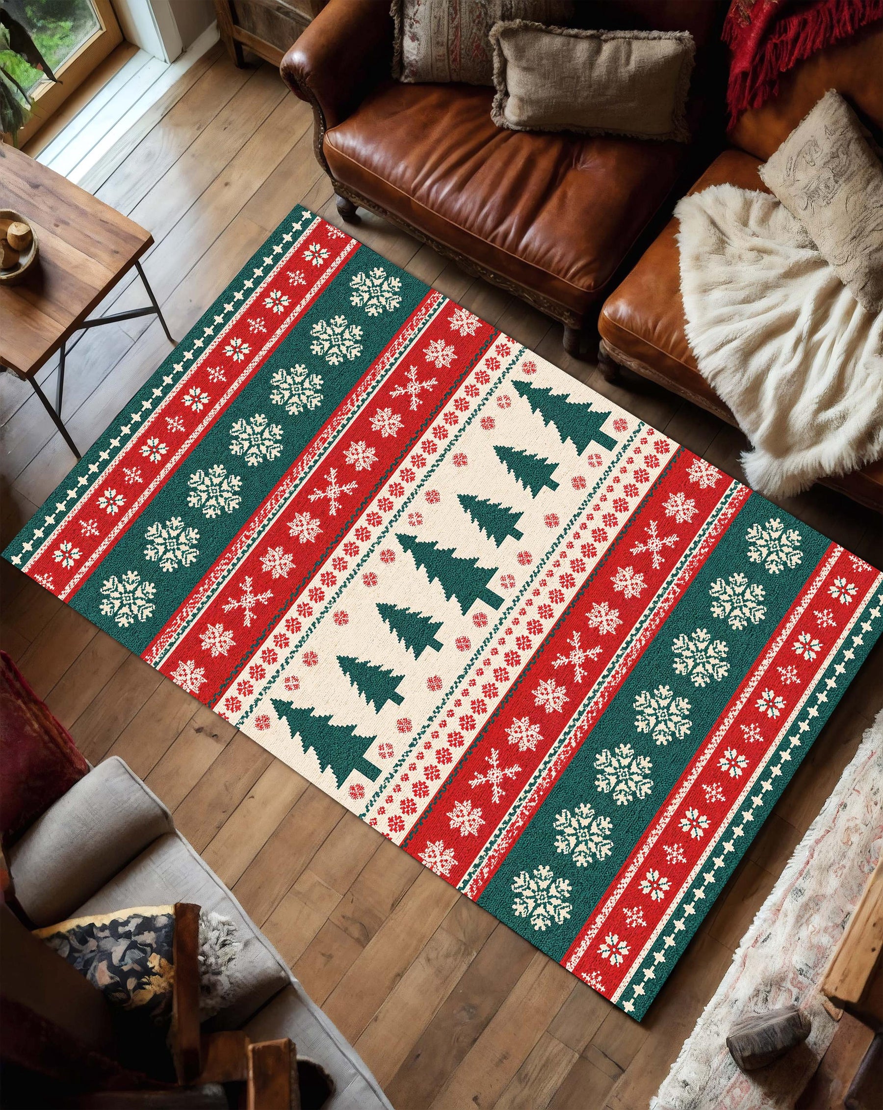 Christmas Area Rug with Nordic Trees & Snowflakes, Red Green Holiday Living Room Carpet, Cozy Winter Home Decor, Festive Seasonal Accent