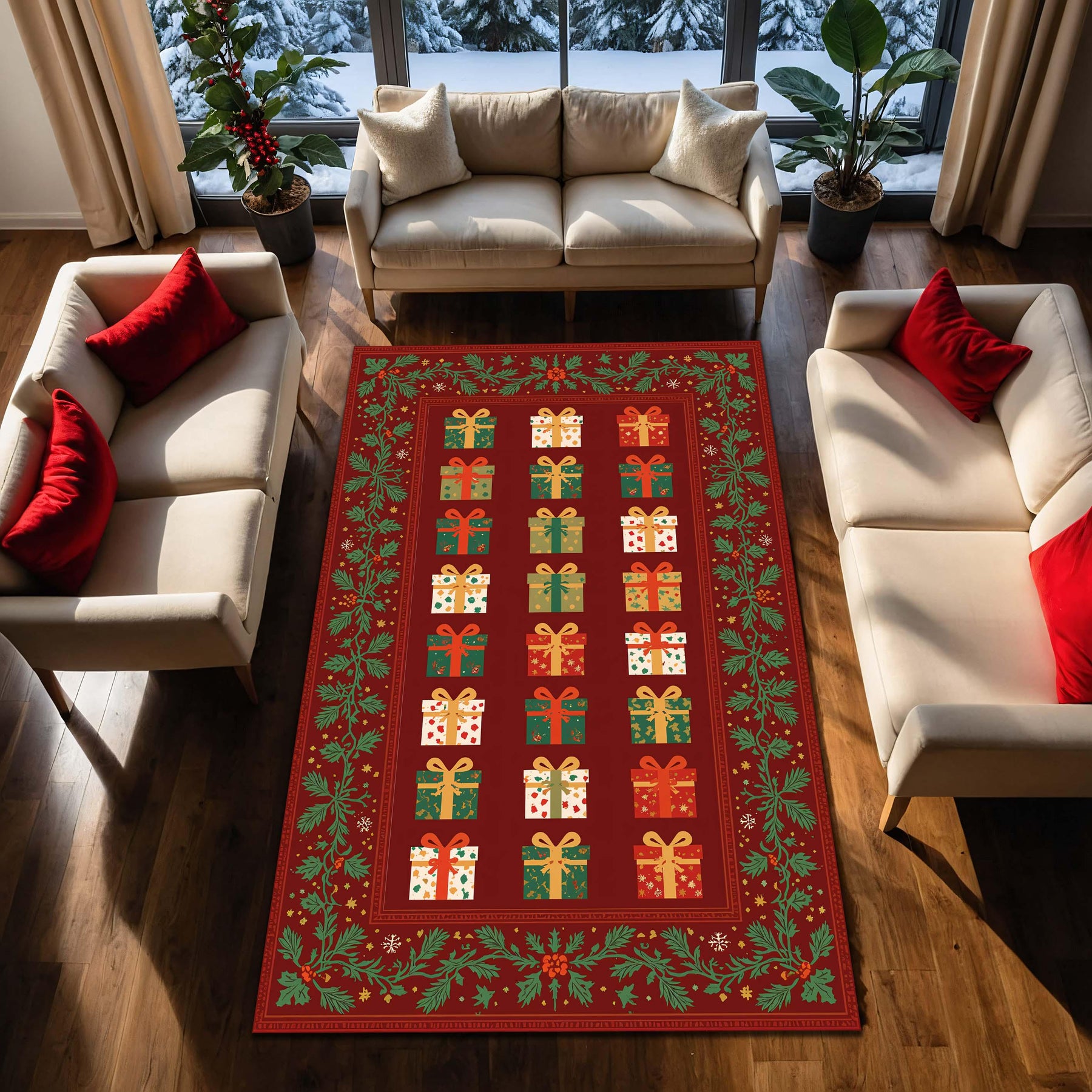 Christmas Gift Boxes Area Rug, Red Green Holiday Carpet, Festive Living Room Bedroom Decor, Winter Floor Mat, Cozy Xmas Home Accent