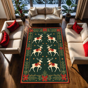 Christmas Reindeer Area Rug, Green Holiday Carpet with Poinsettias & Pine, Cozy Winter Living Room Decor, Nordic Farmhouse Style Gift