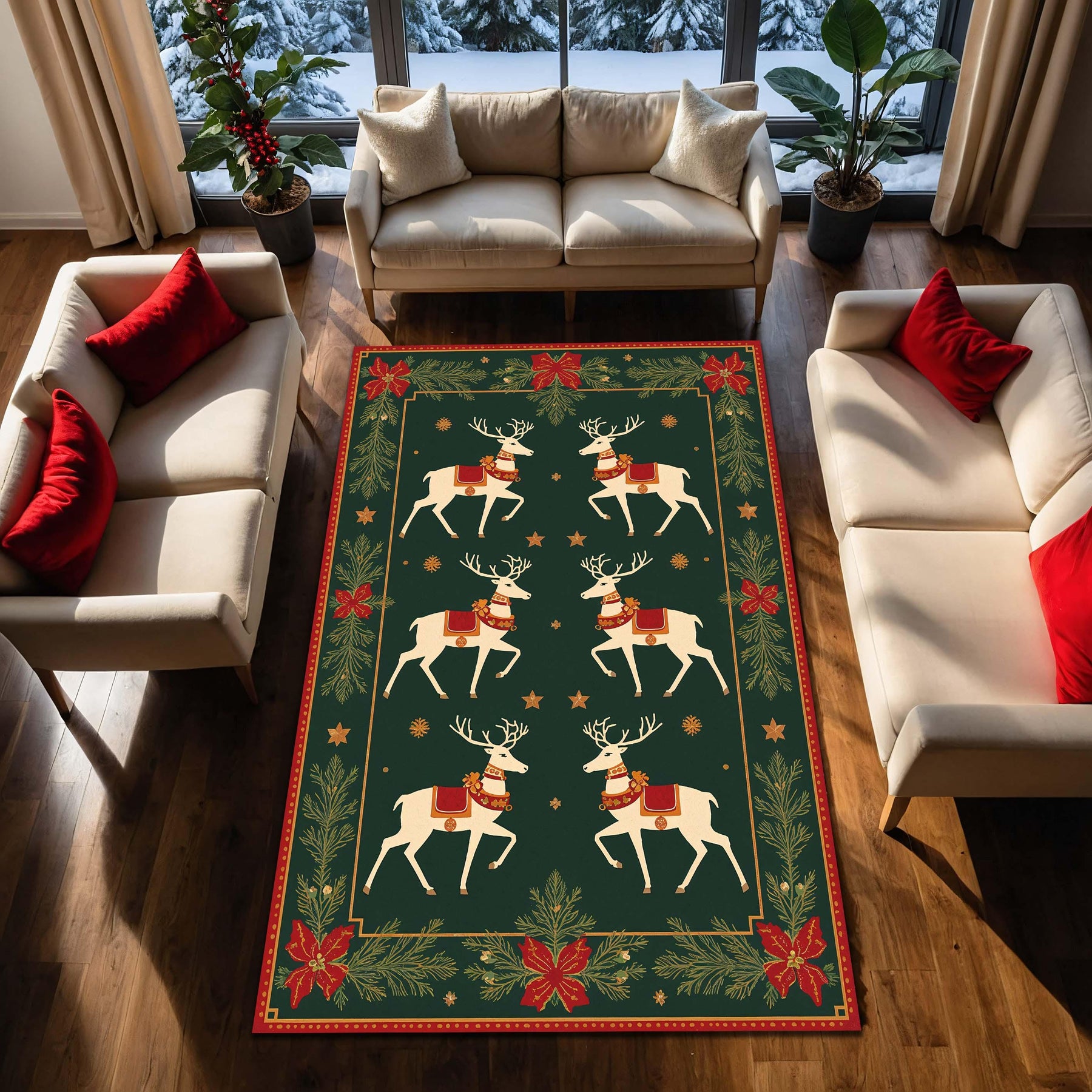 Christmas Reindeer Area Rug, Green Holiday Carpet with Poinsettias & Pine, Cozy Winter Living Room Decor, Nordic Farmhouse Style Gift