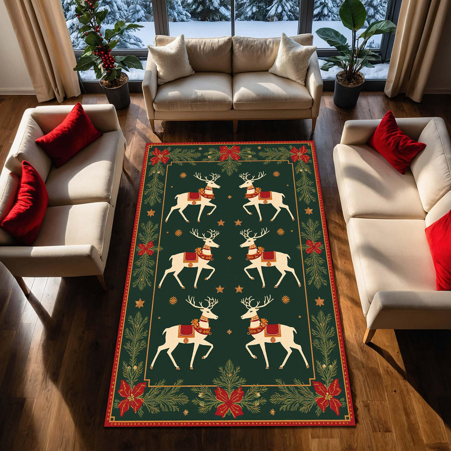 Christmas Reindeer Area Rug, Green Holiday Carpet with Poinsettias & Pine, Cozy Winter Living Room Decor, Nordic Farmhouse Style Gift
