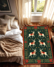 Christmas Reindeer Area Rug, Green Holiday Carpet with Poinsettias & Pine, Cozy Winter Living Room Decor, Nordic Farmhouse Style Gift