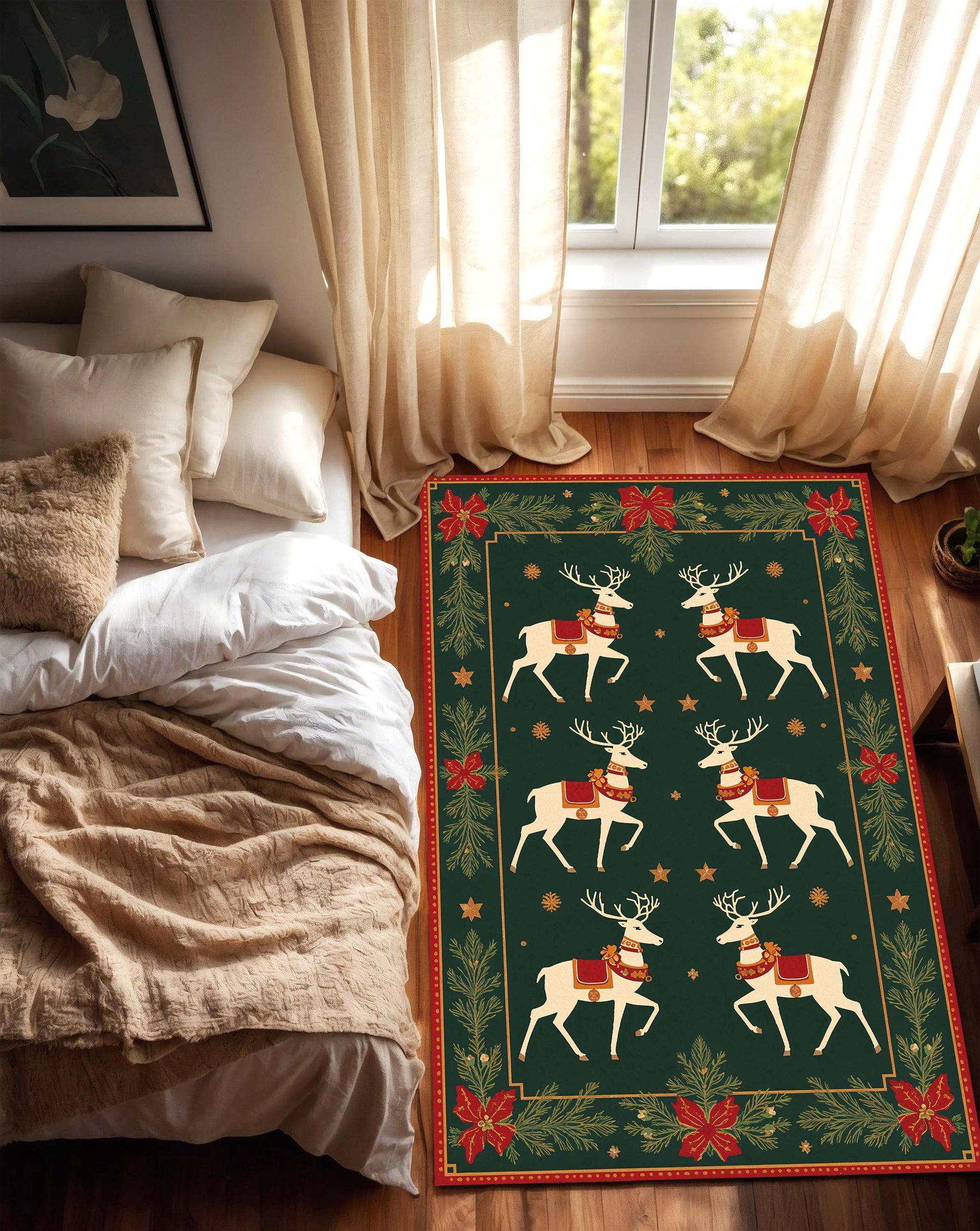 Christmas Reindeer Area Rug, Green Holiday Carpet with Poinsettias & Pine, Cozy Winter Living Room Decor, Nordic Farmhouse Style Gift