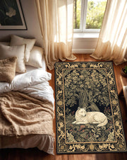 White Wolf Forest Tapestry Rug, Vintage Medieval Botanical Carpet, Gothic Aesthetic Area Rug for Living Room Bedroom, Dark Baroque Border