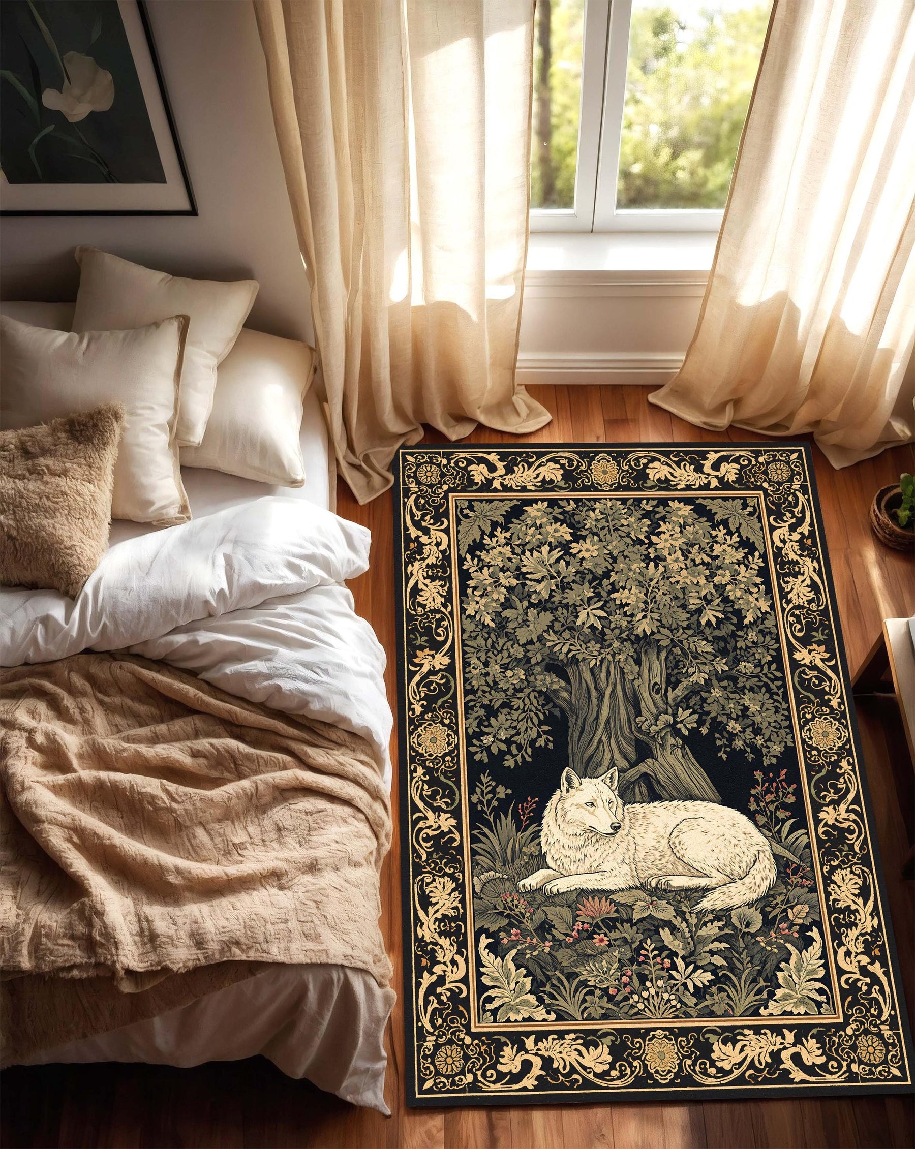 White Wolf Forest Tapestry Rug, Vintage Medieval Botanical Carpet, Gothic Aesthetic Area Rug for Living Room Bedroom, Dark Baroque Border