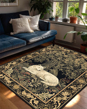White Wolf Forest Tapestry Rug, Vintage Medieval Botanical Carpet, Gothic Aesthetic Area Rug for Living Room Bedroom, Dark Baroque Border