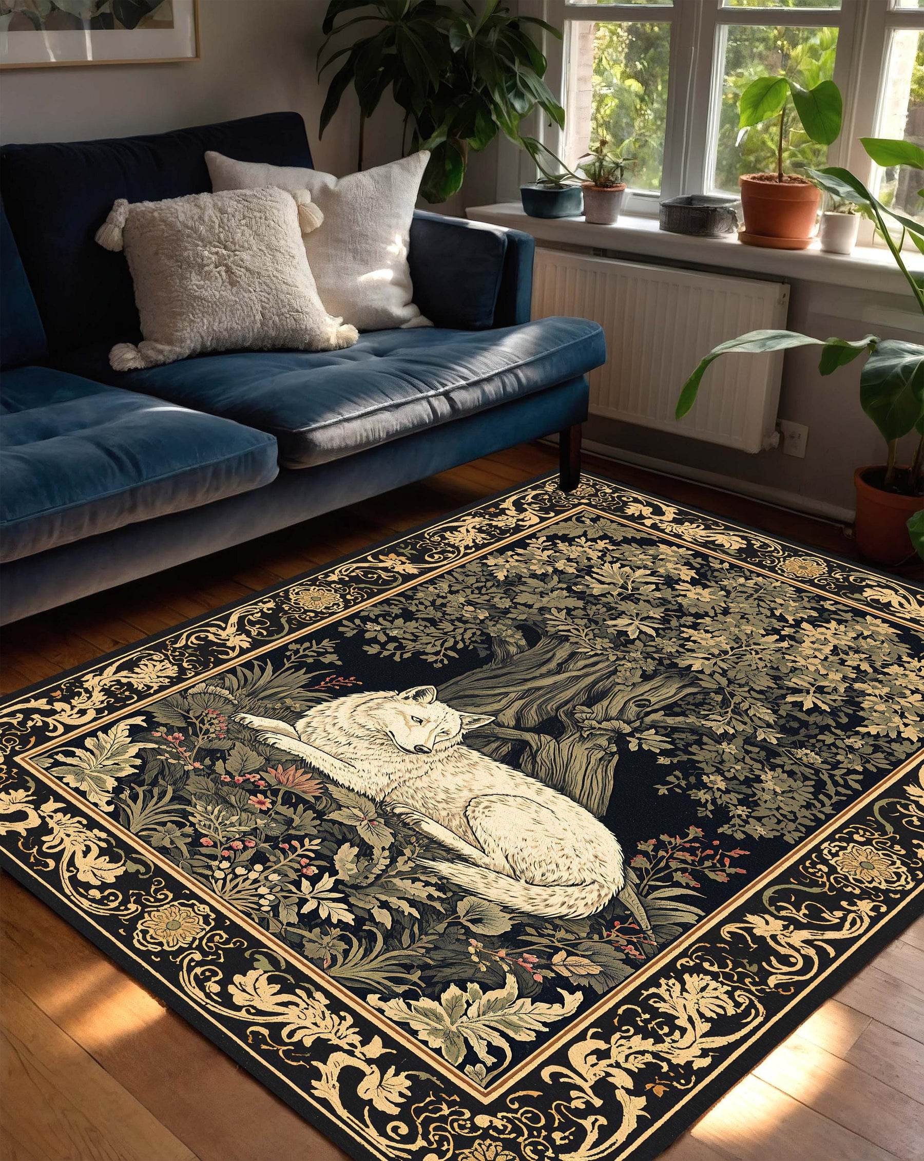 White Wolf Forest Tapestry Rug, Vintage Medieval Botanical Carpet, Gothic Aesthetic Area Rug for Living Room Bedroom, Dark Baroque Border