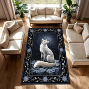 Arctic Fox Night Sky Area Rug, Dark Blue Floral Border Carpet – Nordic Woodland Animal Decor for Living Room Bedroom, Vintage Boho Style