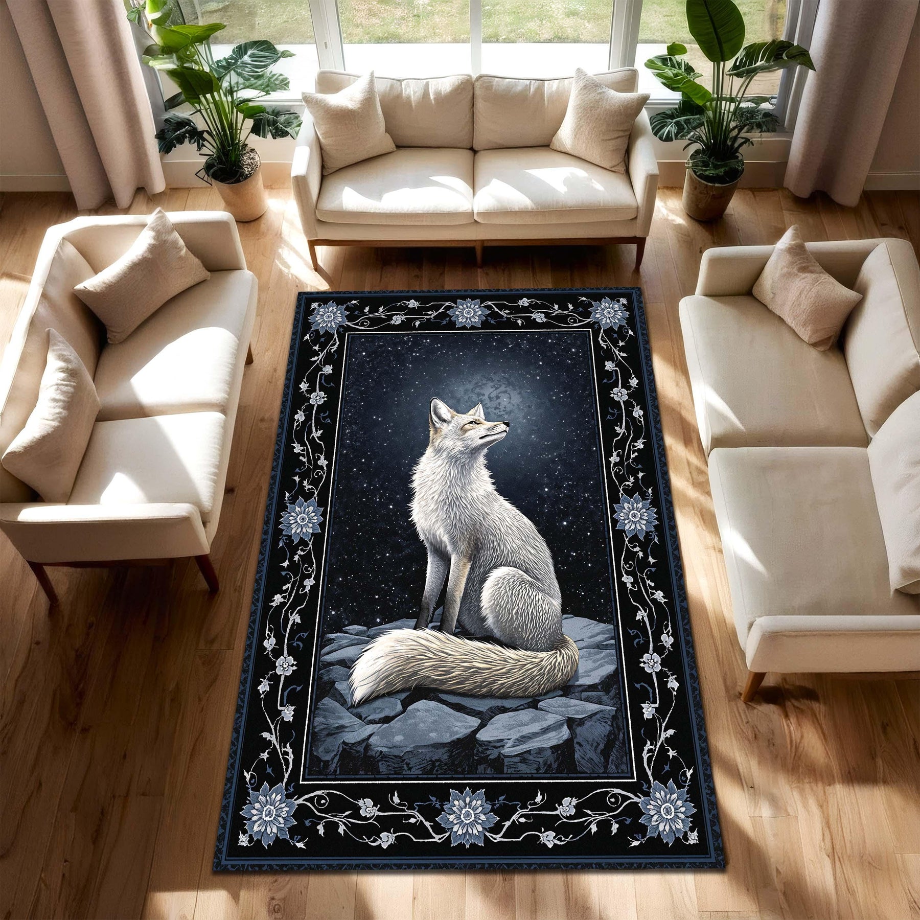 Arctic Fox Night Sky Area Rug, Dark Blue Floral Border Carpet – Nordic Woodland Animal Decor for Living Room Bedroom, Vintage Boho Style