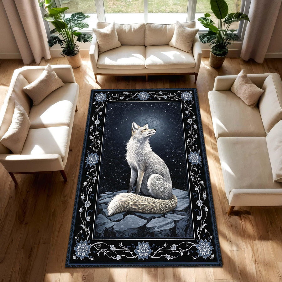 Arctic Fox Night Sky Area Rug, Dark Blue Floral Border Carpet – Nordic Woodland Animal Decor for Living Room Bedroom, Vintage Boho Style