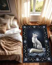 Arctic Fox Night Sky Area Rug, Dark Blue Floral Border Carpet – Nordic Woodland Animal Decor for Living Room Bedroom, Vintage Boho Style