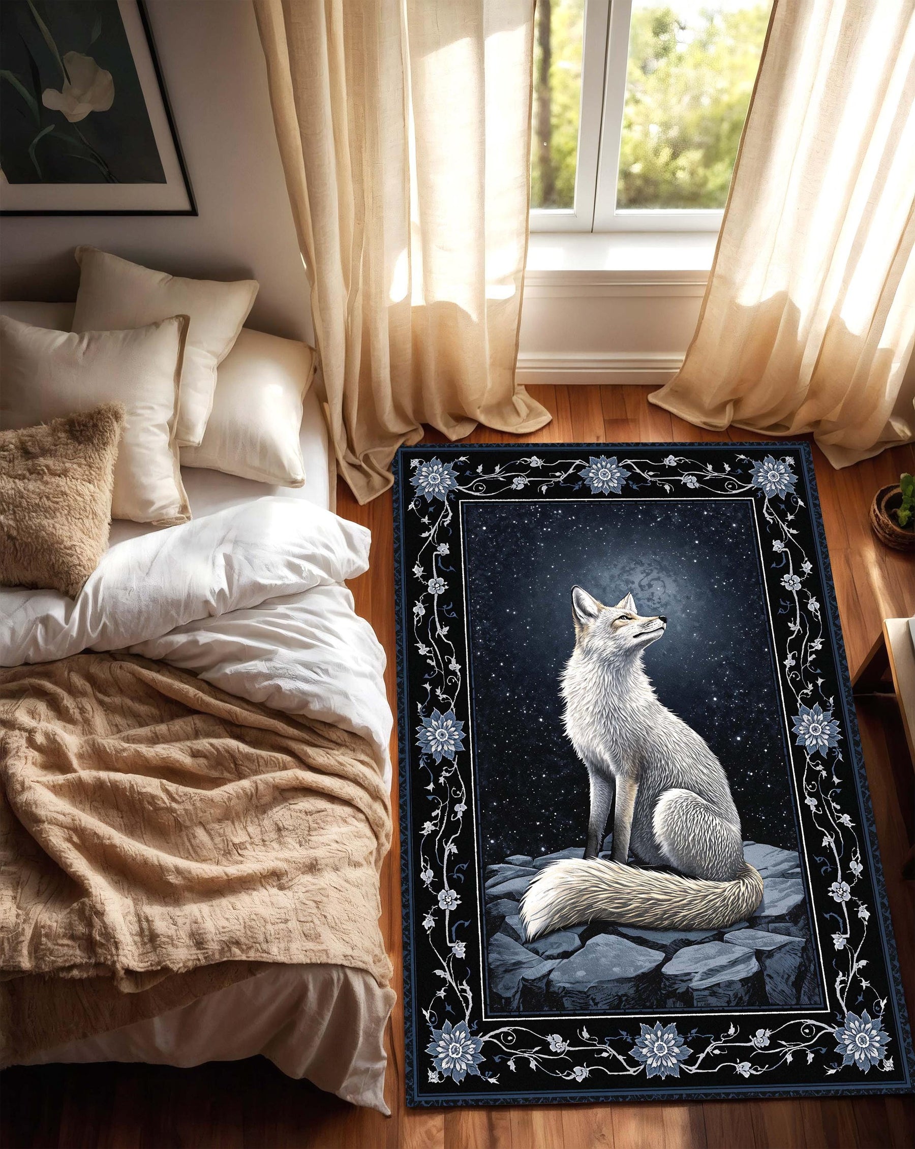 Arctic Fox Night Sky Area Rug, Dark Blue Floral Border Carpet – Nordic Woodland Animal Decor for Living Room Bedroom, Vintage Boho Style