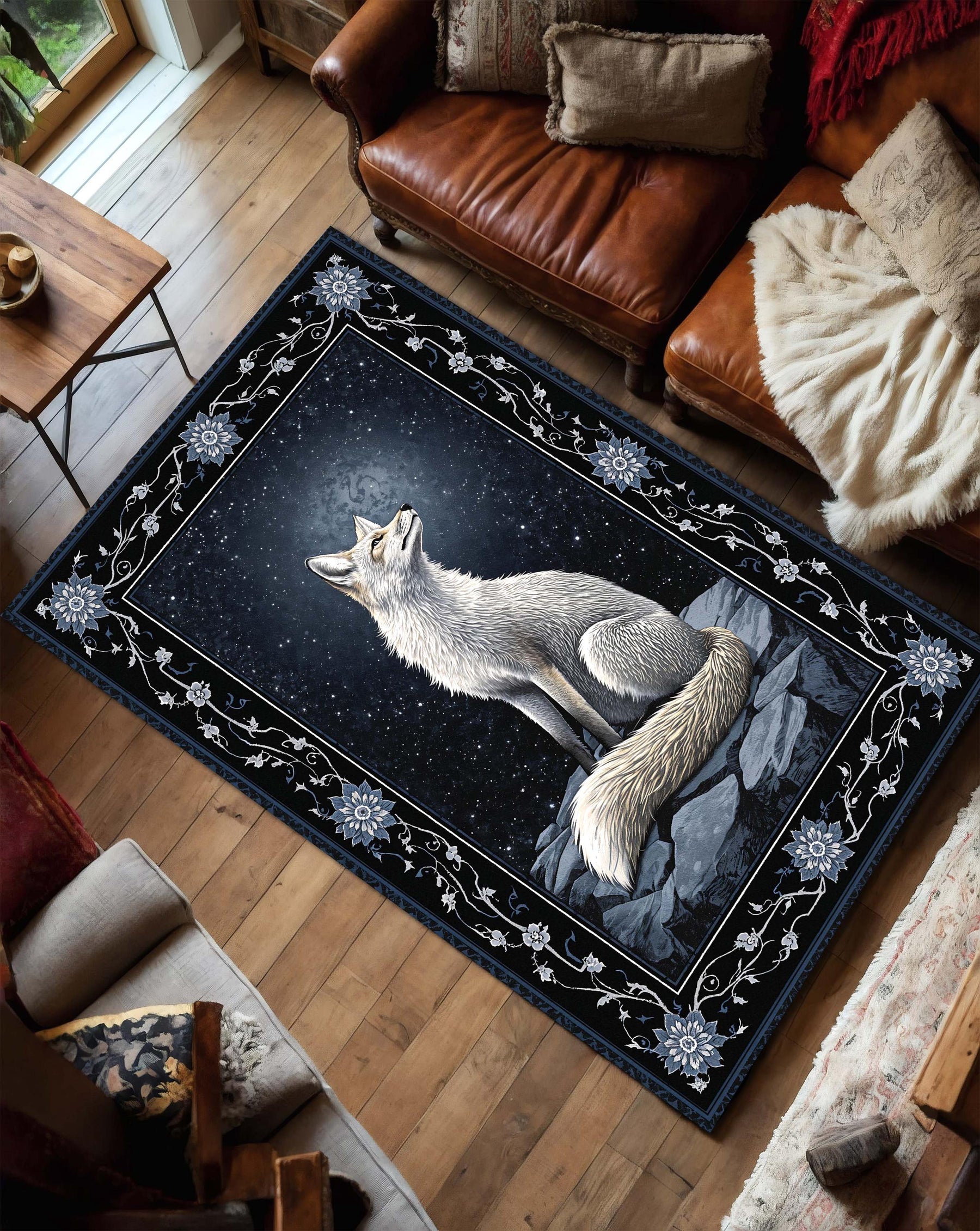 Arctic Fox Night Sky Area Rug, Dark Blue Floral Border Carpet – Nordic Woodland Animal Decor for Living Room Bedroom, Vintage Boho Style