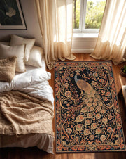 Peacock Rug Black Floral Oriental Vintage Carpet – Vintage Style Washable Area Rug for Living Room or Bedroom, Boho Decor Statement Piece