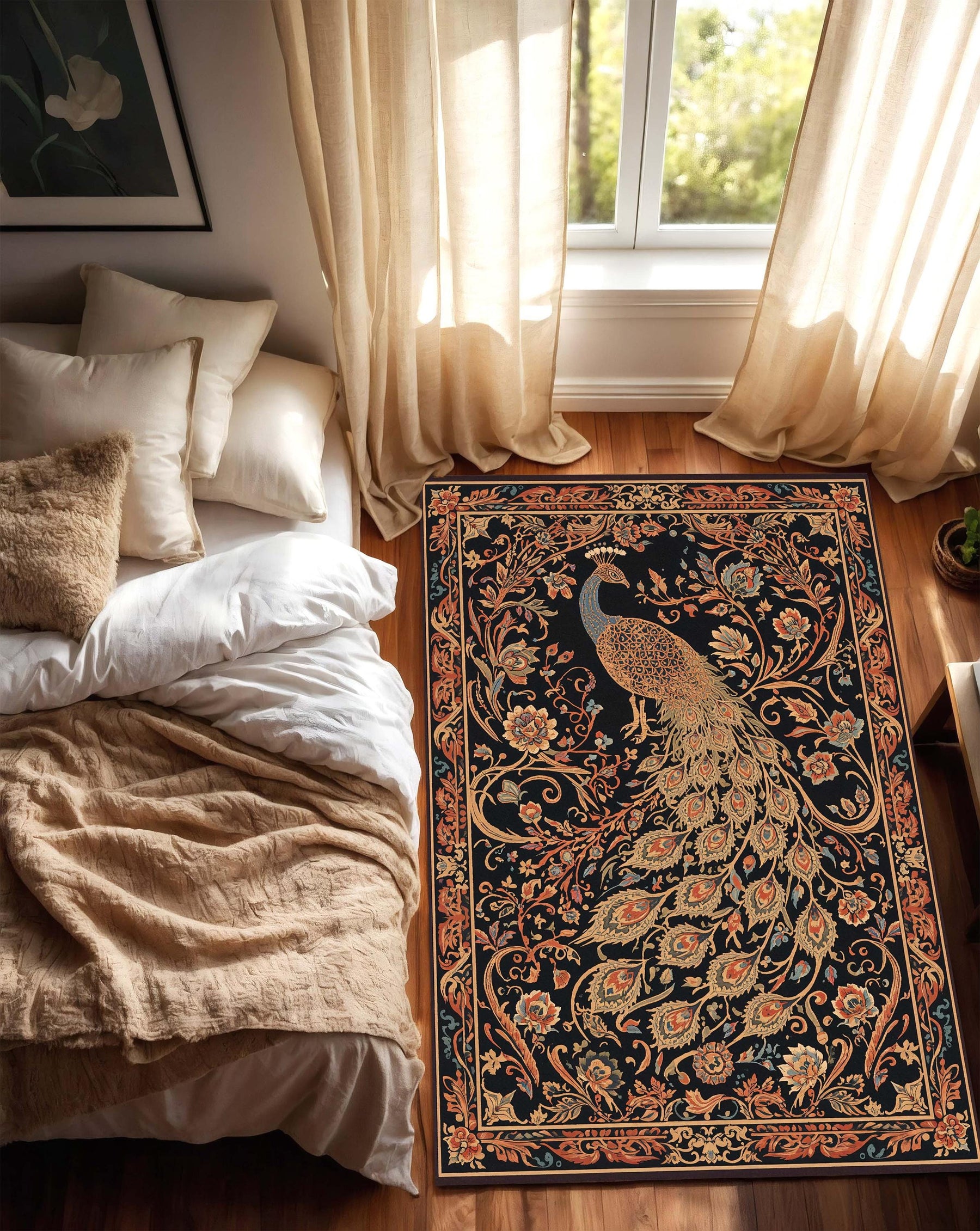 Peacock Rug Black Floral Oriental Vintage Carpet – Vintage Style Washable Area Rug for Living Room or Bedroom, Boho Decor Statement Piece