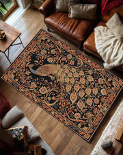 Peacock Rug Black Floral Oriental Vintage Carpet – Vintage Style Washable Area Rug for Living Room or Bedroom, Boho Decor Statement Piece